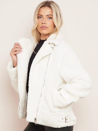 Borg fabric faux detail Biker Jacket - Hstrends