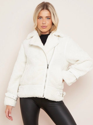 Borg fabric faux detail Biker Jacket - Hstrends