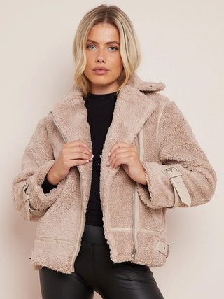 Borg fabric faux detail Biker Jacket - Hstrends