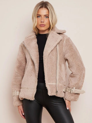 Borg fabric faux detail Biker Jacket - Hstrends