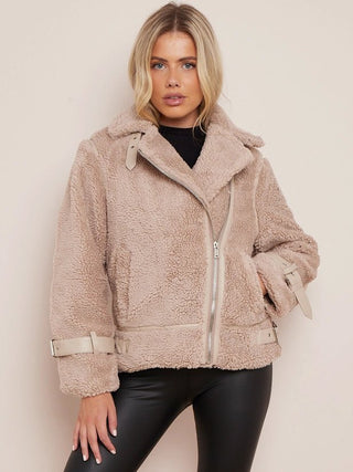 Borg fabric faux detail Biker Jacket - Hstrends