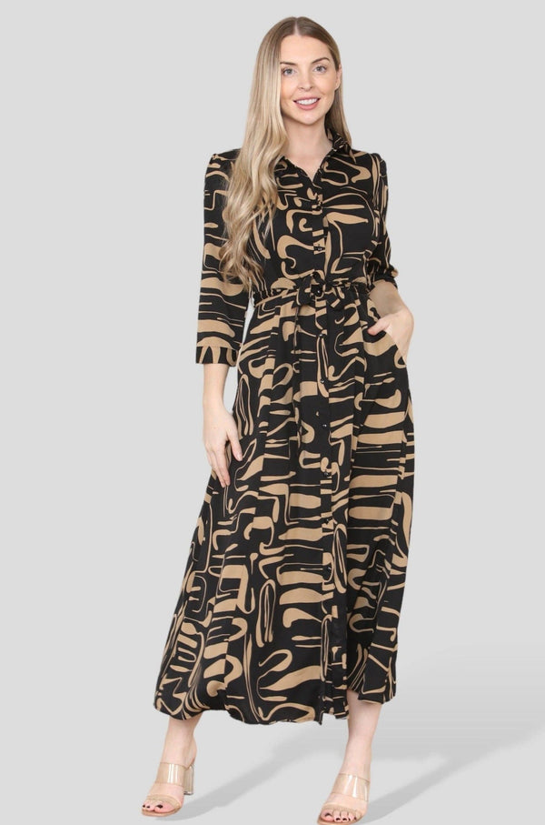 Brown Swril Tiger Print Print Maxi Shirt Dress - Hstrends