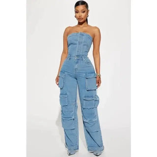 Button Front Ruched Cargo Jumpsuit - Hstrends