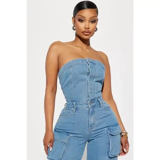 Button Front Ruched Cargo Jumpsuit - Hstrends