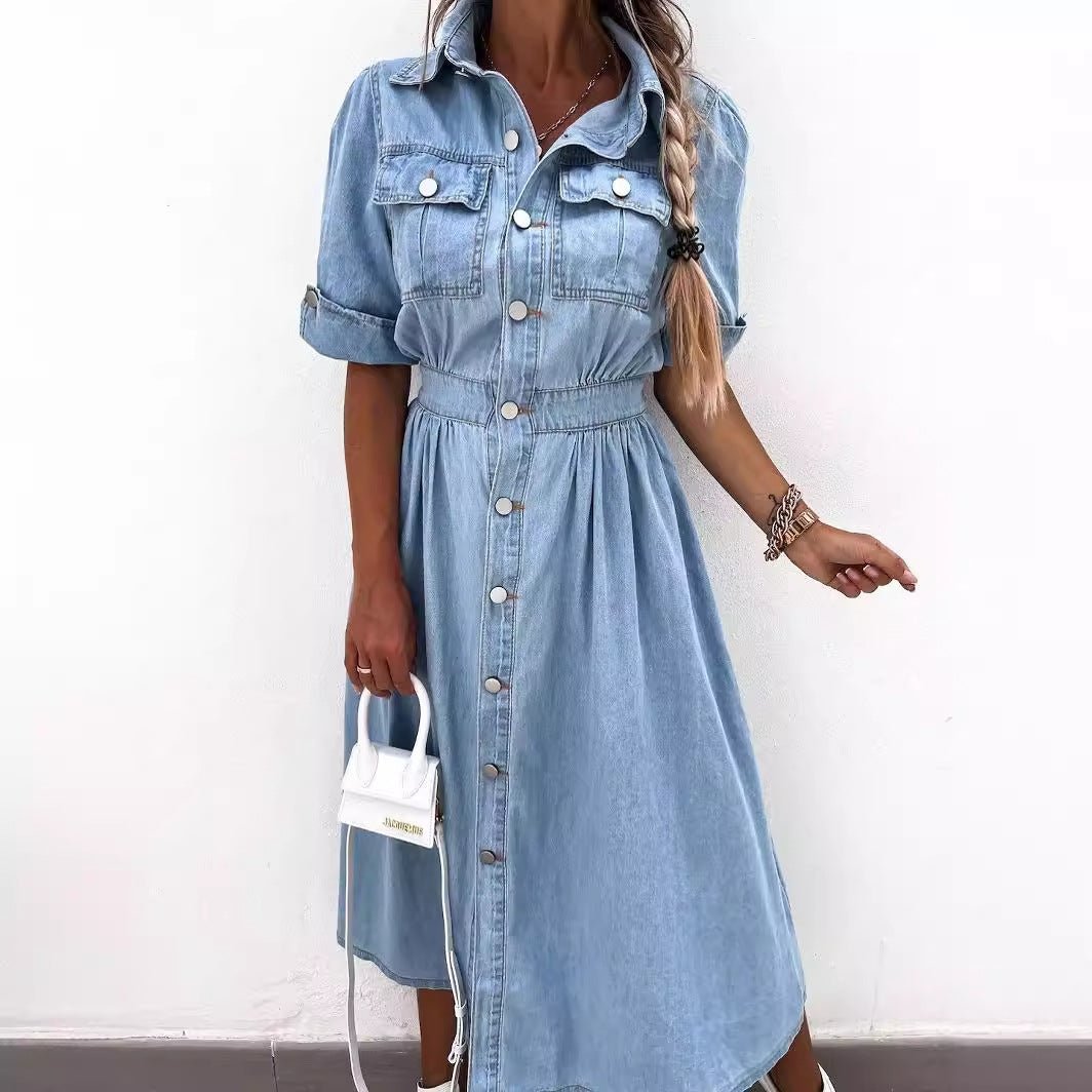 Casual Street Buttons Patchwork Turndown Collar Short Sleeve Loose Denim Dresses Light Blue / S Casual Street Buttons Patchwork Turndown Collar Short Sleeve Loose Denim Dresses Light Blue / S