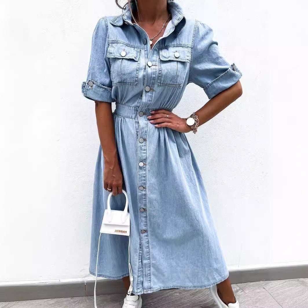 Button Shirt Short Sleeve Denim Dress Hstrends Button Shirt Short Sleeve Denim Dress Hstrends