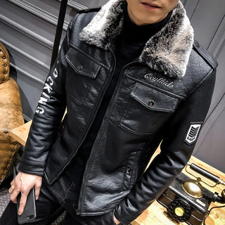 PU Leather Jacket with Shearling Collar