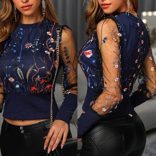 Patchwork Mesh Embroidered Floral Long Sleeve Blouse