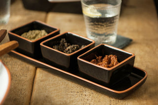 Calisto Terracotta Set Of 3 Dip Bowls With Tray In Black - Hstrends
