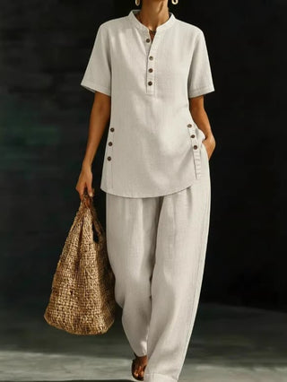 Casual Button-Up Shirt And Wide-Leg Pants Two-Piece Linen Set - Hstrends