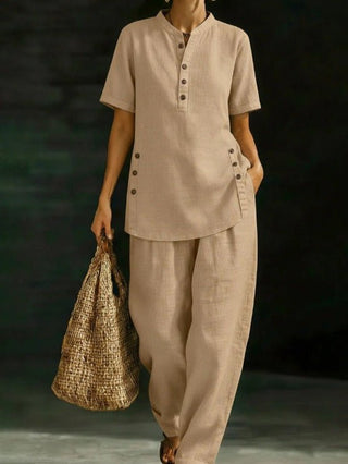 Casual Button-Up Shirt And Wide-Leg Pants Two-Piece Linen Set - Hstrends