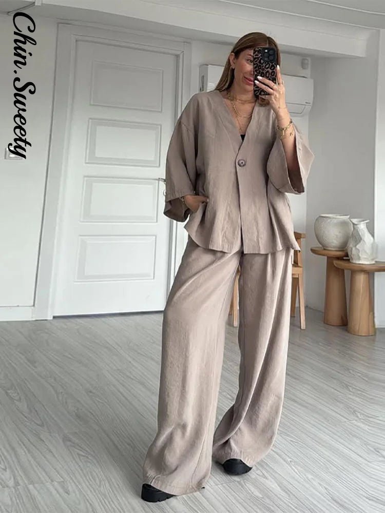 Casual Cotton Linen Loose V - neck One Button Shirt High Waist Wide Leg set - Hstrends