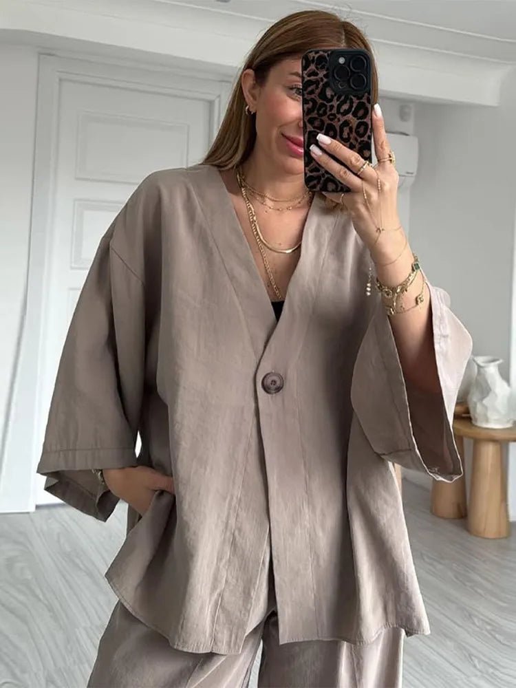 Casual Cotton Linen Loose V - neck One Button Shirt High Waist Wide Leg set - Hstrends