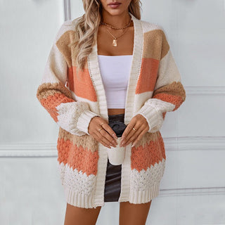 Casual Loose Lantern Sleeve Cross - border Drizzle Color Stripe Cardigan - Hstrends