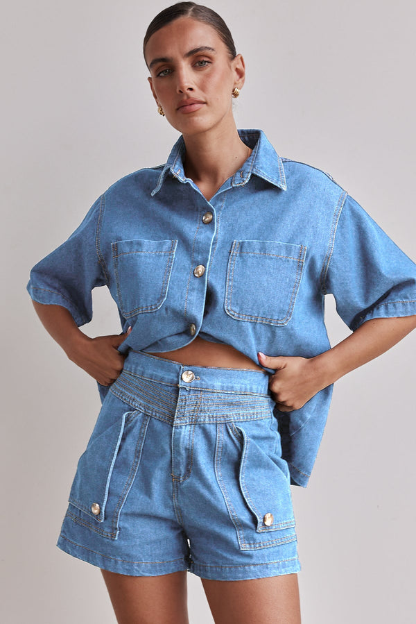 Casual Retro Loose denim Shirt and Shorts Set - Hstrends