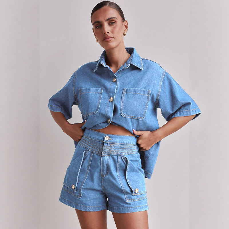 Casual Retro Loose denim Shirt and Shorts Set - Hstrends