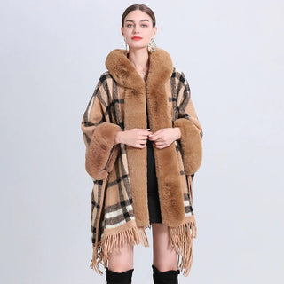 Chic Cashmere - Trimmed Plaid Inverness with Luxe Fur Collar - Hstrends