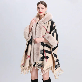 Chic Cashmere - Trimmed Plaid Inverness with Luxe Fur Collar - Hstrends