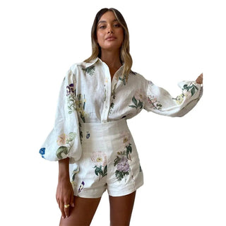 Chic Floral Long Sleeve Blouse and High Waist Shorts Set - Hstrends