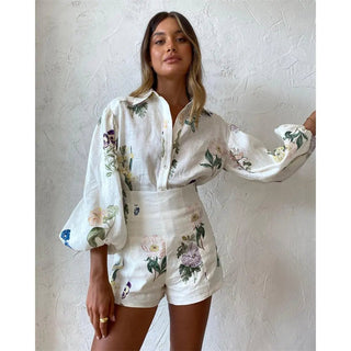 Chic Floral Long Sleeve Blouse and High Waist Shorts Set - Hstrends