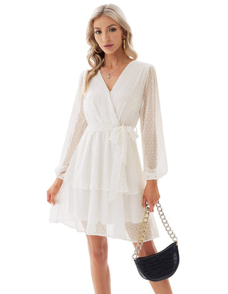 Chiffon V - neck Lantern Long - sleeved Cocktail Belt Dress - Hstrends