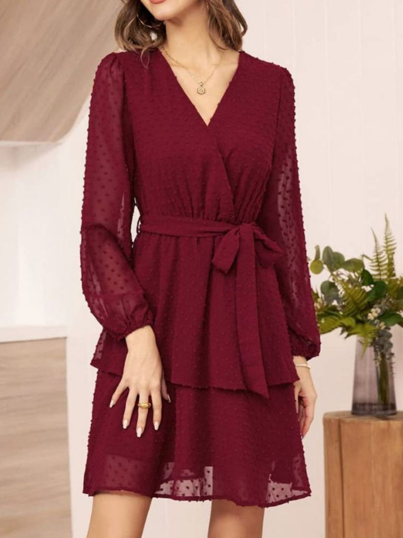 Chiffon V - neck Long Skirt Lantern Long - sleeved Cocktail Dress Belt Dress - Hstrends
