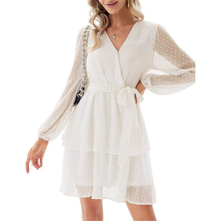 Chiffon V - neck Long Skirt Lantern Long - sleeved Cocktail Dress Belt Dress - Hstrends