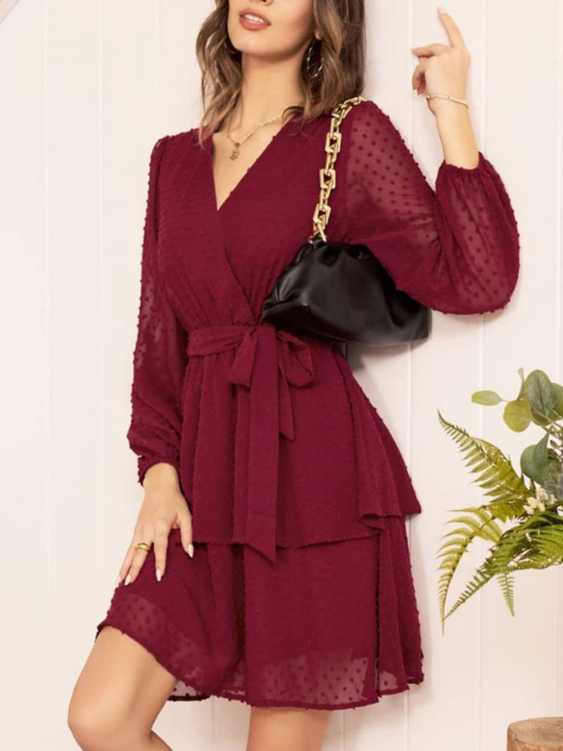 Chiffon V - neck Long Skirt Lantern Long - sleeved Cocktail Dress Belt Dress - Hstrends