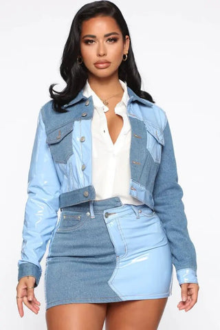 Color Block blue denim Outfit Set - Hstrends