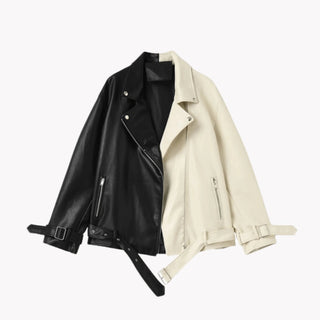 Contrast Vegan Leather Jacket - Hstrends