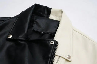 Contrast Vegan Leather Jacket - Hstrends