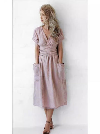 Cotton And Linen Casual Pocket Dress - Hstrends