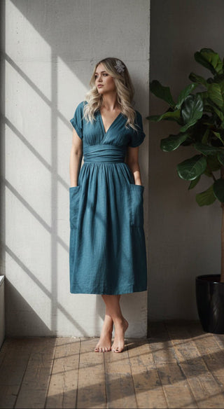 Cotton And Linen Casual Pocket Dress - Hstrends