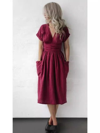 Cotton And Linen Casual Pocket Dress - Hstrends