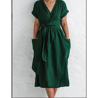 Cotton And Linen Casual Pocket Dress - Hstrends