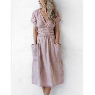 Cotton And Linen Casual Pocket Dress - Hstrends