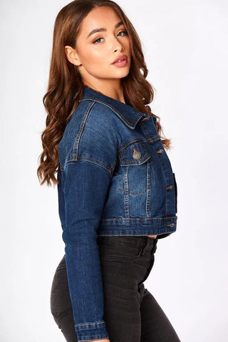 Cropped Denim Trucker Jacket - Dark wash blue - Hstrends