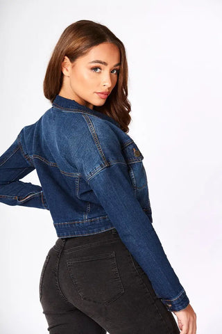 Cropped Denim Trucker Jacket - Dark wash blue - Hstrends