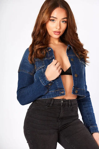 Cropped Denim Trucker Jacket - Dark wash blue - Hstrends