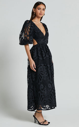 Cut Out Long Skirt V Neck knitted Lace Embroidery Dress in Black - Hstrends