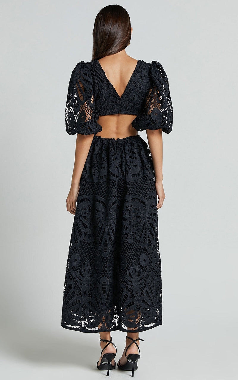 Cut Out Long Skirt V Neck knitted Lace Embroidery Dress in Black - Hstrends