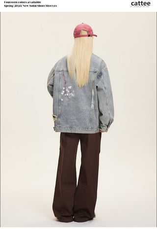 Unisex Washed Graffiti Ripped Denim Jacket - Retro