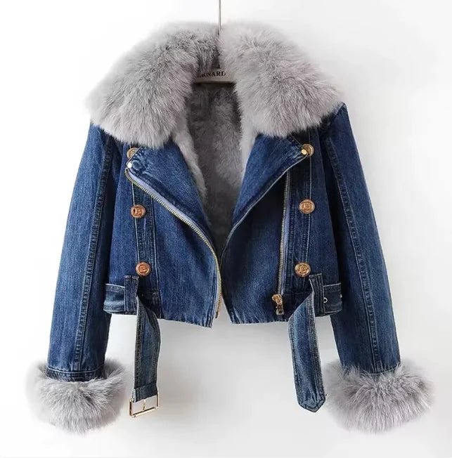 Denim Coat with Removable Fox & Rabbit Fur Liner - Hstrends