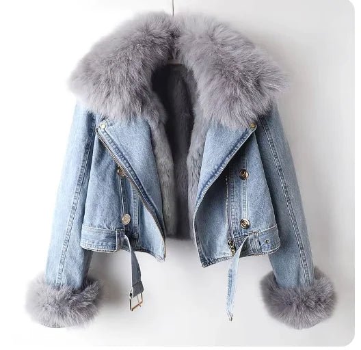 Denim Coat with Removable Fox & Rabbit Fur Liner - Hstrends