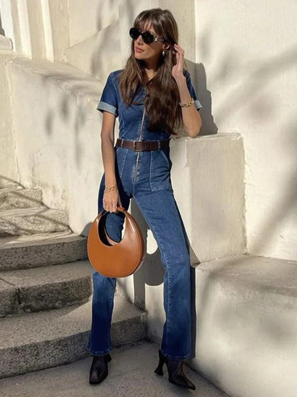 Denim Short Sleeve Zipper Jumpsuits Lapel High Waist Straight length - Hstrends