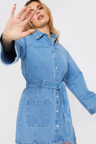 Denim Wrap Tie Dress - Light Blue Wash - Hstrends