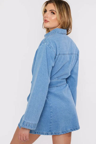 Denim Wrap Tie Dress - Light Blue Wash - Hstrends