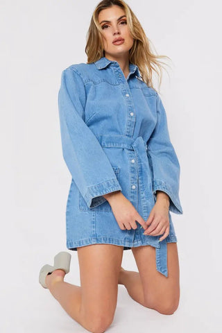 womens denim wrap dress Women's Volume Sleeve Wrap Midi Denim Dress, Light Wash