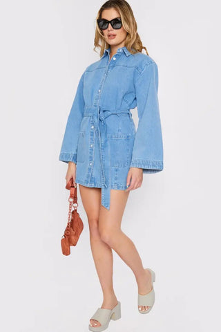 Denim Wrap Tie Dress - Light Blue Wash - Hstrends