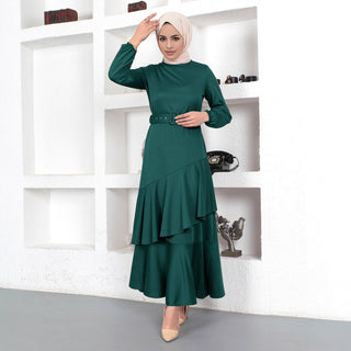 Double - Layer Ruffled Waist - Cinching Knitted Long Dress - Hstrends